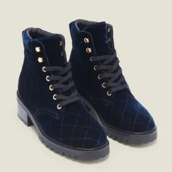 SANDRO Paris Aron Blue Quilted Velvet Combat Hiker Boots - Picture 1 of 15